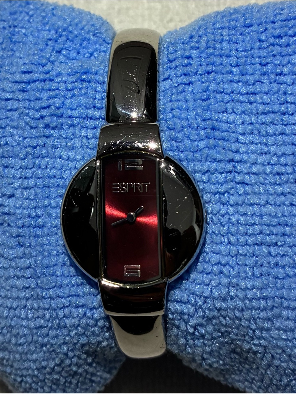 Vintage Esprit Silver Bangle Watch with Deep Red Dial